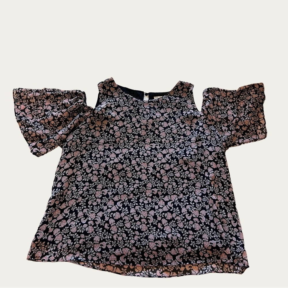 Cato‎ Black and Pink Floral Cold Shoulder Sheer Lined Blouse Size XL